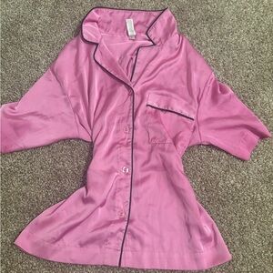 Auden Pink Satin-Feel Button-Front Pajama Top with Black Trim